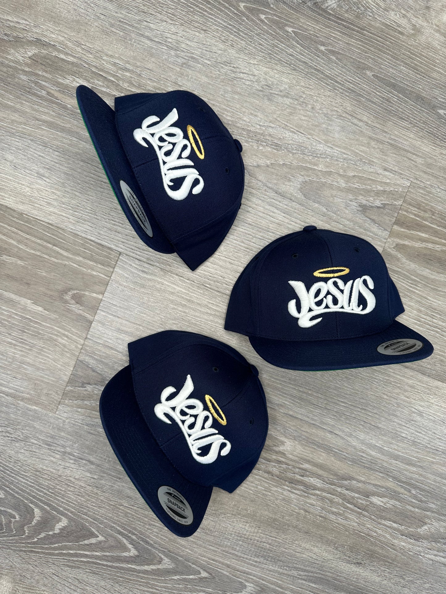 Jesus Snapback Hat - Navy Blue & Gold | Faith-Based Streetwear