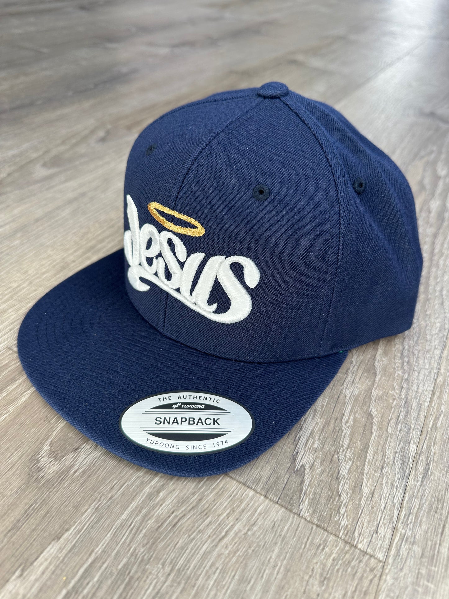 Jesus Snapback Hat - Navy Blue & Gold | Faith-Based Streetwear