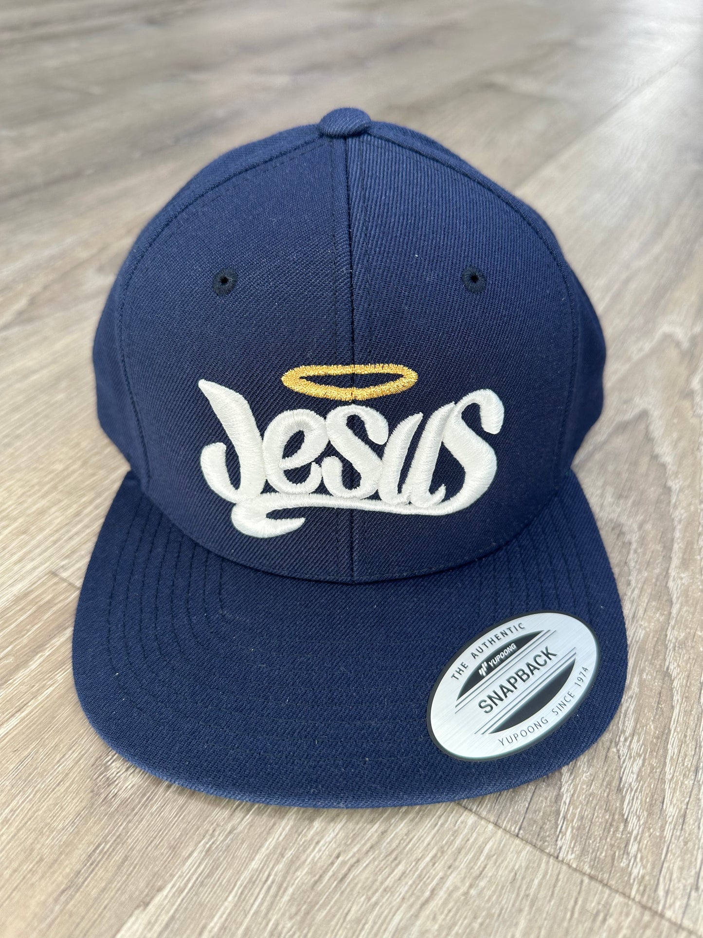 Jesus Snapback Hat - Navy Blue & Gold | Faith-Based Streetwear