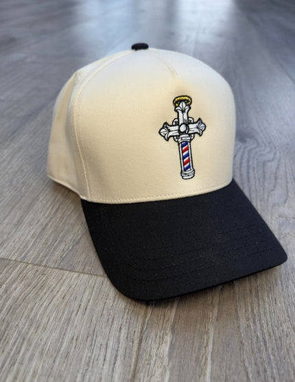 The Christian Barber Cross Logo Snapback Hat – Black & Cream Faith-Based Cap
