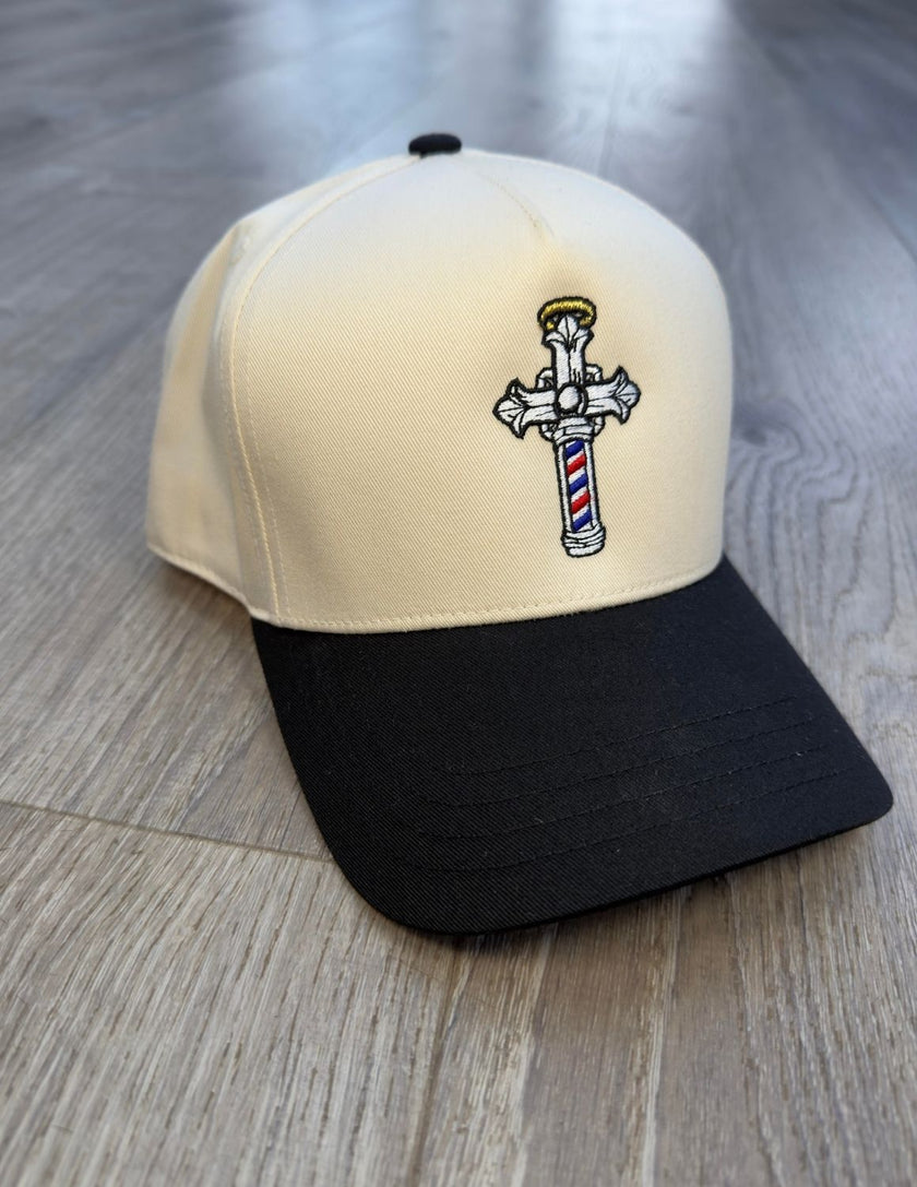 The Christian Barber Cross Logo Snapback Hat – Black & Cream Faith-Based Cap