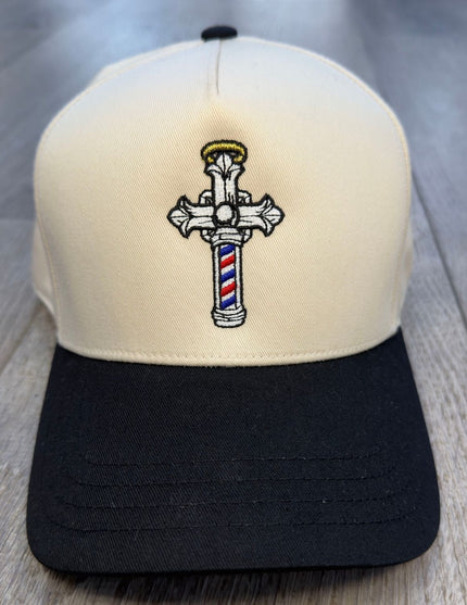 The Christian Barber Cross Logo Snapback Hat – Black & Cream Faith-Based Cap