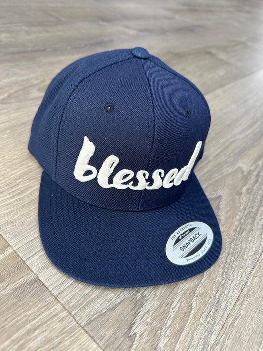 Blessed Snapback Hat - Navy Blue & White Embroidery