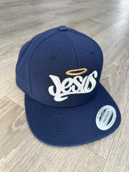 Jesus Snapback Hat - Navy Blue & Gold | Faith-Based Streetwear